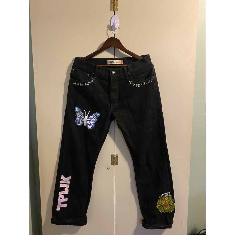 Custom Painted Harry Styles Levis 505 Jeans Fine Line TPWK Black Denim 32-30